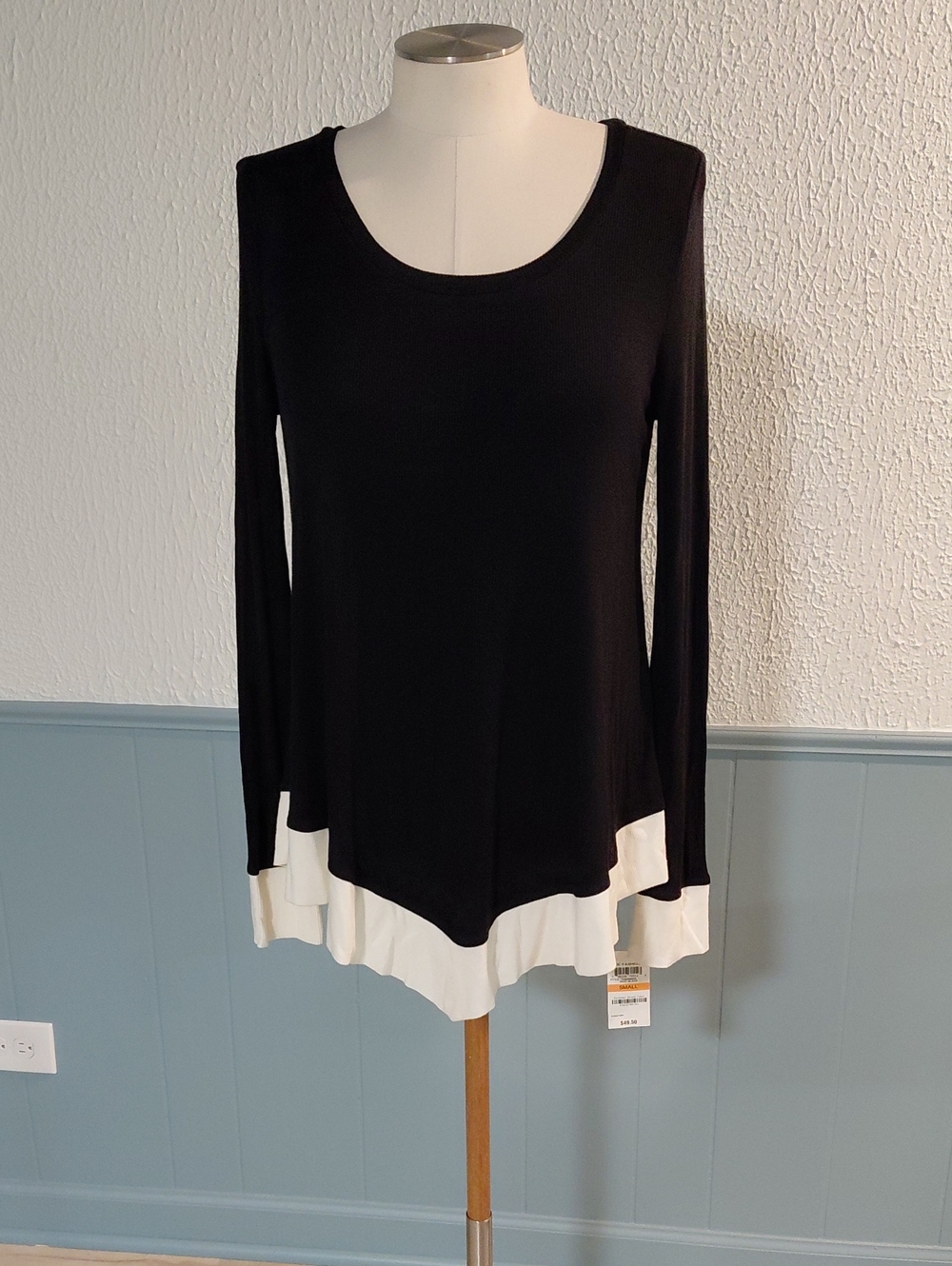 INC International Concepts Black Long-Sleeve Top with White Layered Hem